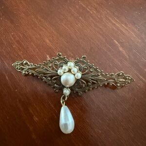 Vintage Victorian Style Filigree & Pearls Pearl Drop Brooch Gilded Brass Metal